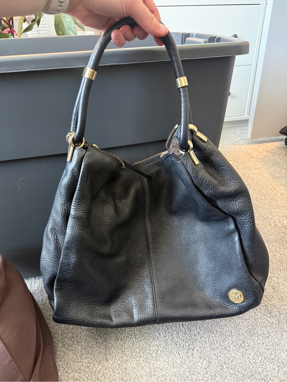 Vince Camuto Black Leather Hobo Tote with Gold Hardware